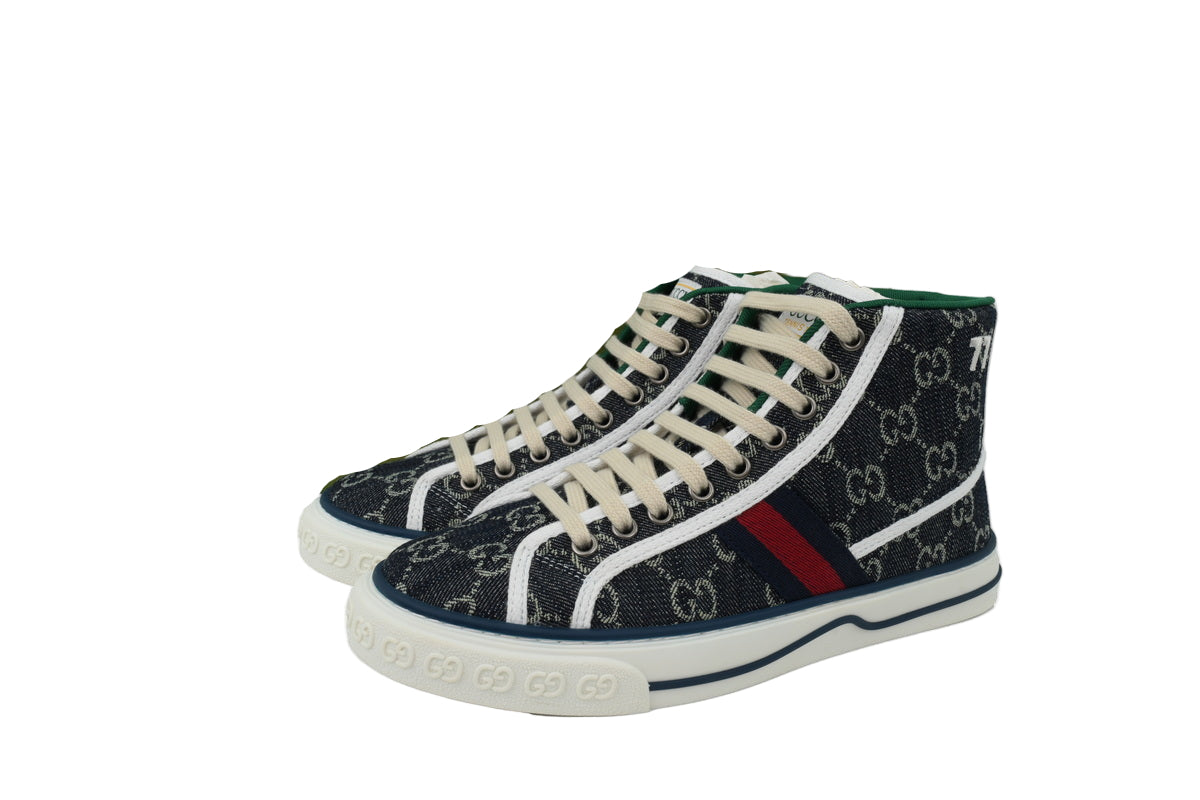Denim Monogram High-Top Sneakers – Black/Ivory Retro Court Style